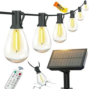 BLIATLUS 60FT Solar String Lights Outdoor Waterproof with Remote Control Solar Patio Lights 15+2 shatterproof LED Bulbs for Porch Garden Market Bistro Patio Backyard Fence
