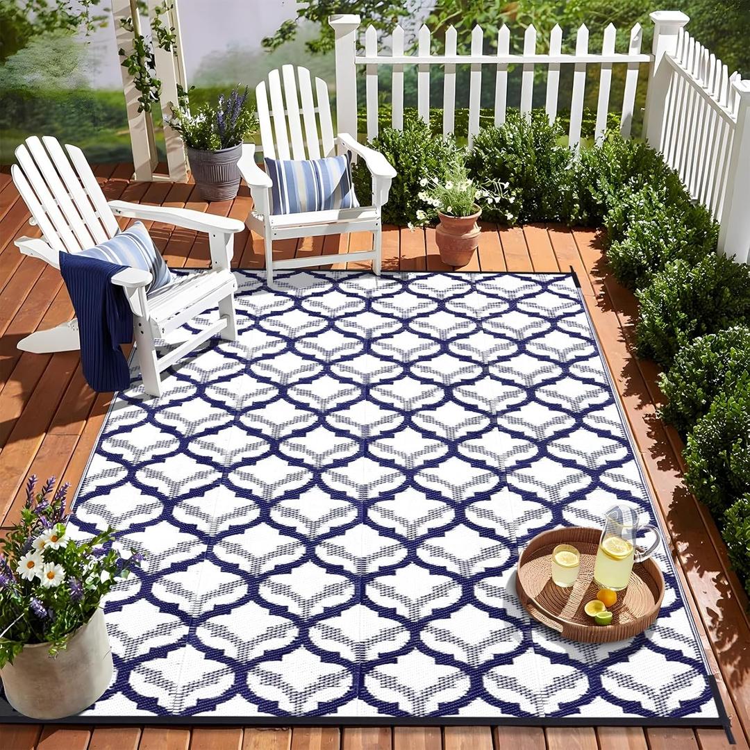 OLANLY Reversible Outdoor Rug 9x12 ft Clearance, Waterproof Outdoor Plastic Straw Rug with Interlacing Pattern, RV Mat for Patio, Camping, Balcony, Deck, Backyard, Navy & White