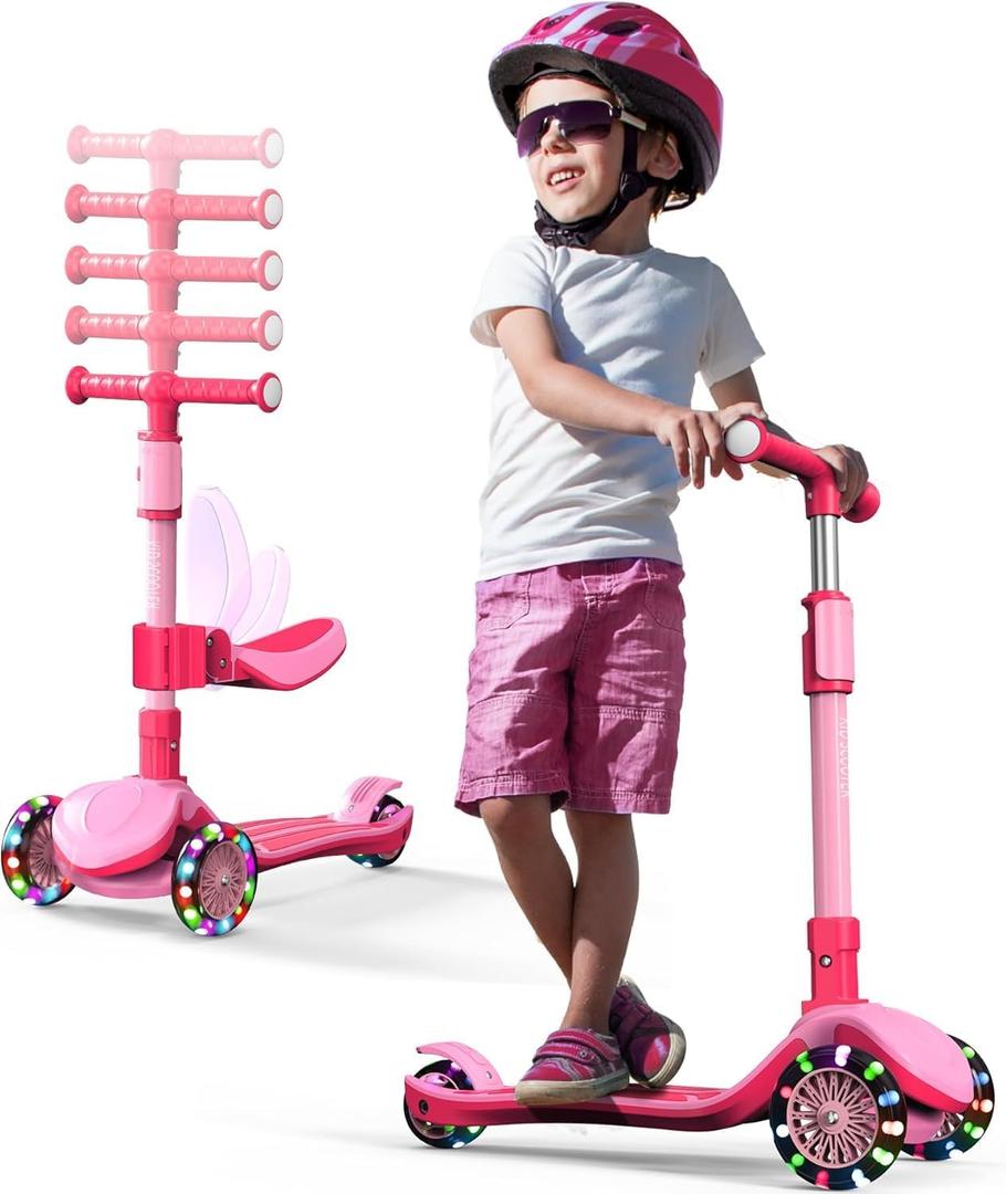 2-in-1 Adjustable Kick Scooter for Kids 3-5 (Suitable 3-12 Years),5-Level Handlebar & Removable Seat, LED Light-Up Wheels, Wide Deck, Foldable Design for Indoor/Outdoor Use - Girls & Boys