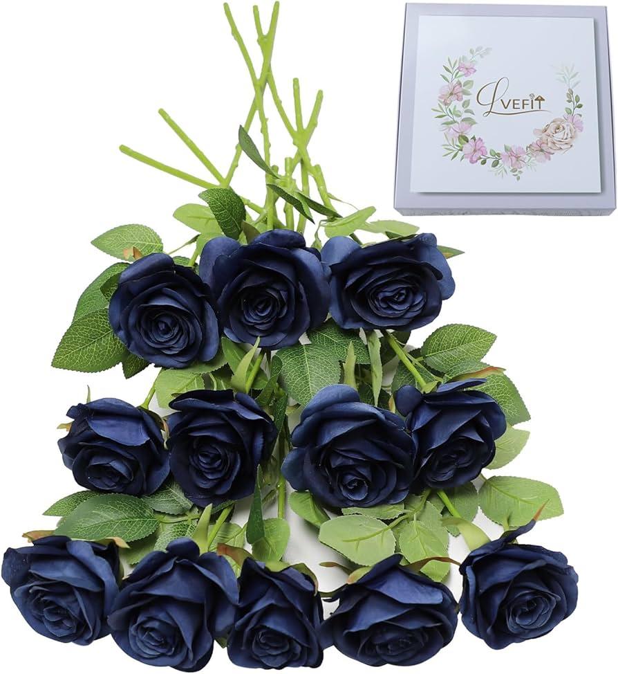 LetuoClips 52 PCS  Roses Artificial Flowers, Fake  Roses Bouquet,White Artificial Silk Roses with Stems for Wedding Flowers Decoration, Valentines Day Mothers Day, Bridal Bouquet Roses Navy Blue
