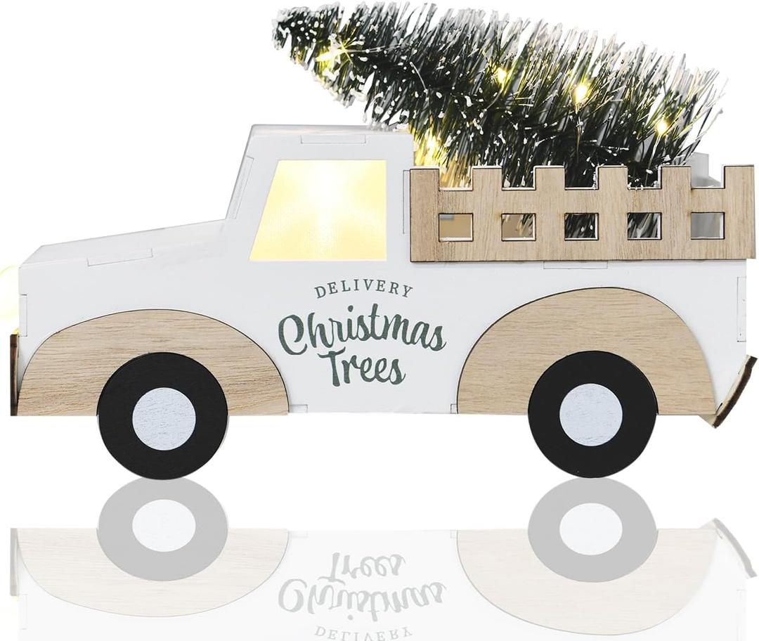 Adorable Christmas Truck Decor Wooden Truck Ornament Glowing Truck for Christmas Sets w/10 LED Light (delivery Without Battery)