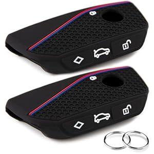 OLLEN 2PCS Soft Silicone Key Fob Cover, Fit for BMW 2023 2024 2025 2026 New 5/7 Series 740i 760i IX IX3 XM X1 X2 X3 X5 X6 X7 I5 I7 etc, Car Key Case Protector with Rings, Red+Blue Line