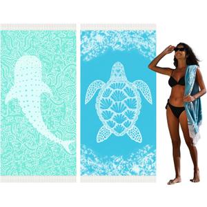Thin Turkish Beach Towel Lightweight Quick Dry Absorbent Cotton Bathroom Bath Pool Swim Towels Extra Large Oversized Sand Free Beach Accessories Essentials Cloud Gifts for Adult (X-Large(79 x 36 inches,200 x 90 cm), 2 Pack Blue Turtle Aqua Whale)
