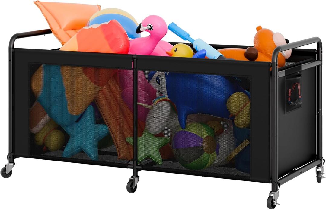 StorageWorks 295 Gallon Pool Float Storage, Mesh Pool Toy Storage Bin with Wheel and Side Pockets, Large Swimming Organizer, Outdoor Noodles Holder, Black