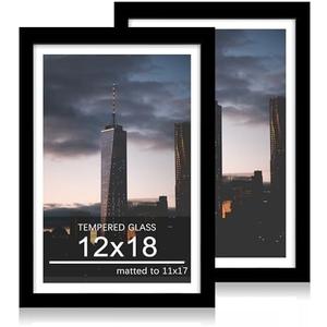 ccdcc 12x18 Picture Frame Set of 2, 12 x 18 Wood Poster Frames with Mat for 11x17, Wooden Photo Frames with Tempered Glass Cover for Wall Display,Black