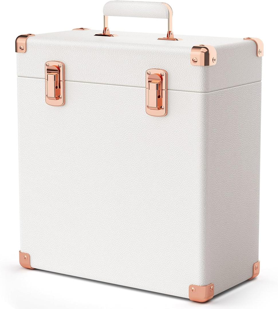 Vinyl Record Storage Box, Waterproof and Dustproof PU Leather Record Crate, Holds 45 LPs with Velvet Lining, Portable Vinyls Records Album Storage Boxes, Metal Corner Durable Vinyl Record Box (White)