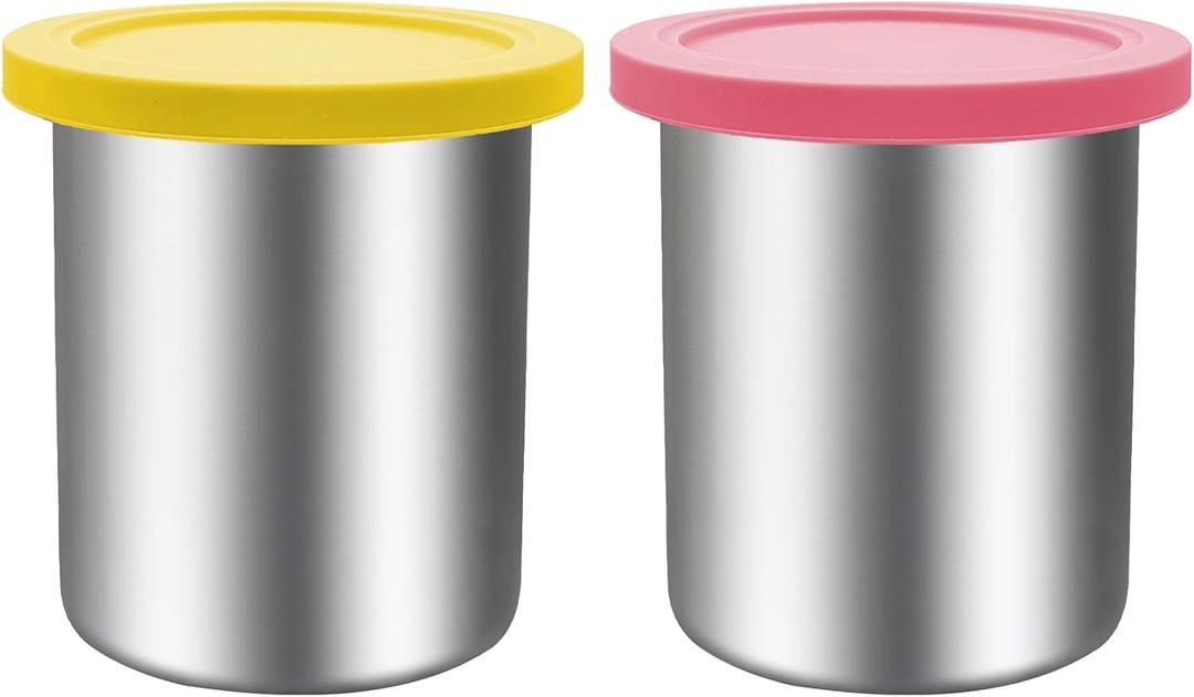 Stainless Steel Pint Containers & Lids Compatible with Ninja Creami ice Cream Maker NC500, NC501, CN501CO Delux Series 2 Pack, 24 oz, Silicone Lids, BPA-Free, Dishwasher Safe