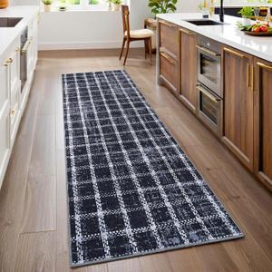 Runner Rug 2x6 Non-Slip Washable Low-Pile - Checkered Braided Geometric Print for Kitchen Bathroom Hallway Entryway Indoor Blue