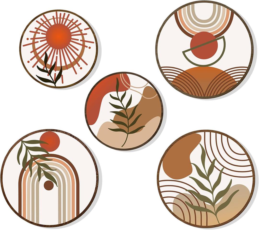 Zzbakress 5 Pcs Boho Wall Decor Farmhouse Wooden Round Bathroom Decor Vintage Boho Wall Decor Modern Aesthetic Minimalist Wooden Wall Art for Bedroom Office (Fresh, 5)