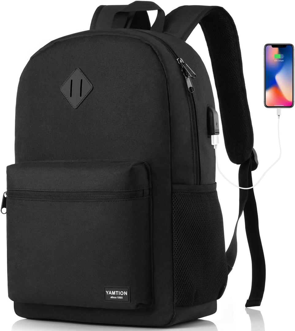 YAMTION Black Backpack for Women Men,Casual School Backpack Teen Boys and Girls 15.6 Inch Laptop Bookbag with USB Charger for College High School Travel Business