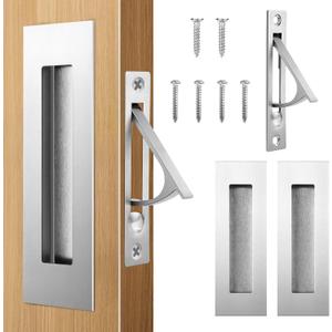 HBL' Pocket Door Hardware Set  2 Recessed Flush Finger Pulls & 1 Edge Pull, Made of 304 Stainless Steel, Template Included, Silver.
