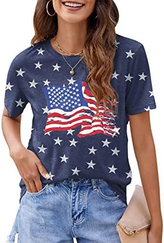 Women Distressed American Flag Graphic Shirt USA Stars Stripes Patriotic Short Sleeve Top, L
