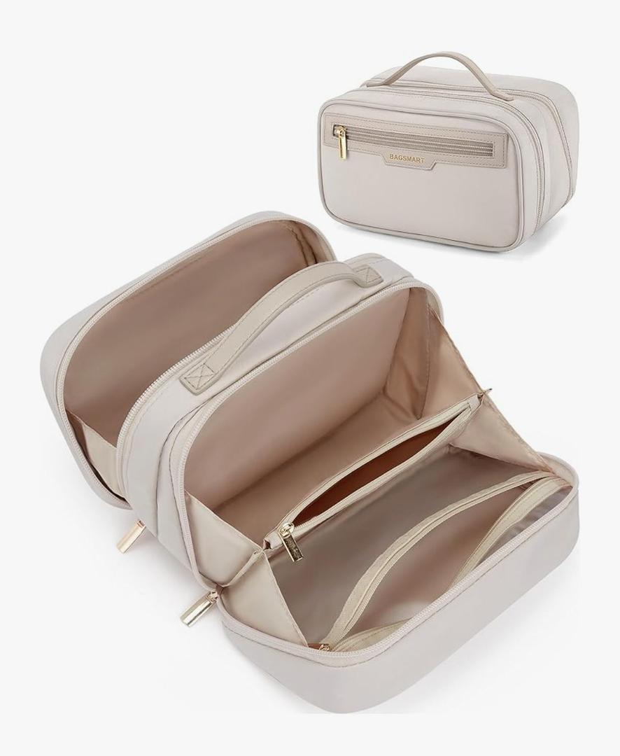 BAGSMART Travel Makeup Bag Large Capacity Cosmetic Bag, Wide-open Portable Make Up Bag Organizer for Women for Travel Essentials Travel-Size Toiletries Accessories Bottles, Brushes (Warm Gray)