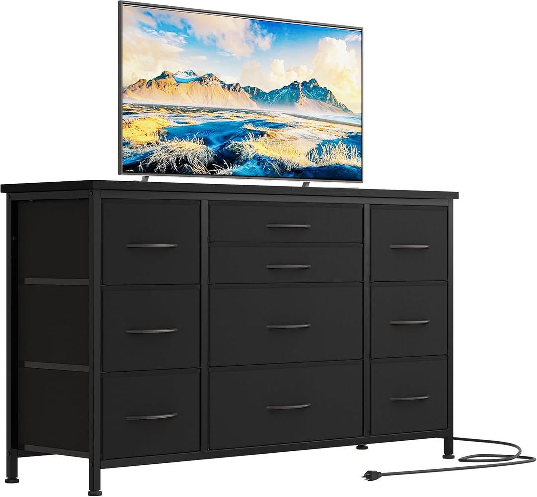 Jojoka Wide Dresser with 10 Large Drawers for 55'' Long TV Stand with Power Outlet Entertainment Center, Storage Fabric Drawer Unit for Bedroom, Closet, Entryway, Sturdy Metal Frame, Black