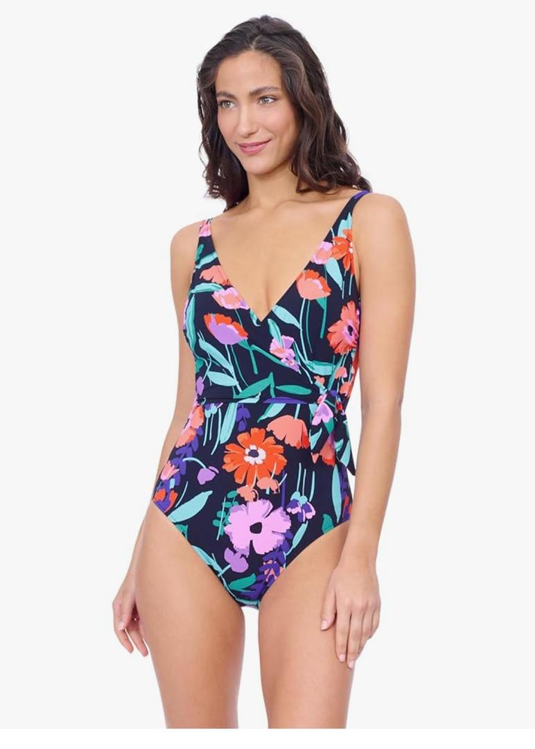 Profile by Gottex Women's Marguerite V Neck Ruffle Surplice Swimdress-Soft Cups, Tummy Control & Adjustable Straps Swimwear, Size 8
