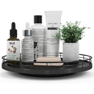 12" Oak Bathroom Vanity Tray Turntable for Perfume Candle, Round Wooden Decorative Tray for Kitchen Sink Countertop Organizer, Bathroom Counter Organizer for Skincare Makeup, Farmhouse Black Gold