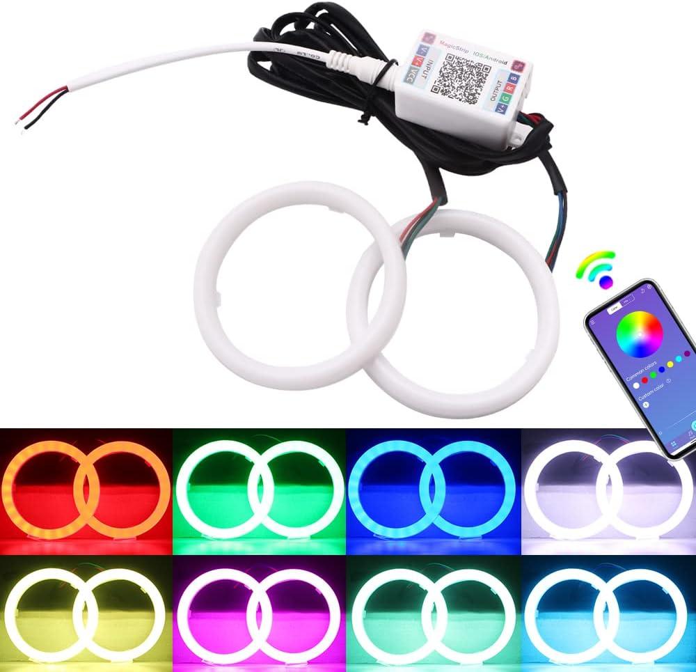 YM E-Bright 1 Set 80MM RGB Angel Eyes LED Halo Rings for Car Lamp COB Chips Multil-Color Circle Ring Mobile App Control with PVC Housing DC 12V