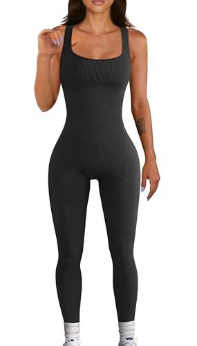 YIOIOIO Women Workout Seamless Jumpsuit Yoga Ribbed Bodycon One Piece Square Neck Shorts Romper S