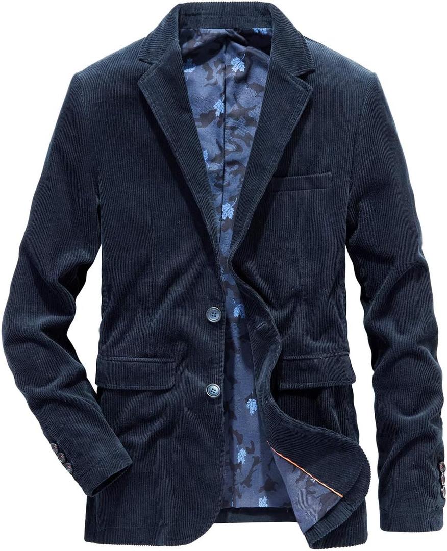 chouyatou Men's Vintage Casual Work Wear Corduroy Suit Blazer Jacket Sport Coat (XX-Large, Dark Blue)