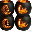 Eid Mubarak Decorations for Home - Set of 4 Glass Tealight Candle Holders, Ramadan Mubarak Table Centerpiece, Islamic Mosque & Lantern Silhouette Votives, Eid Gifts, Black and Gold