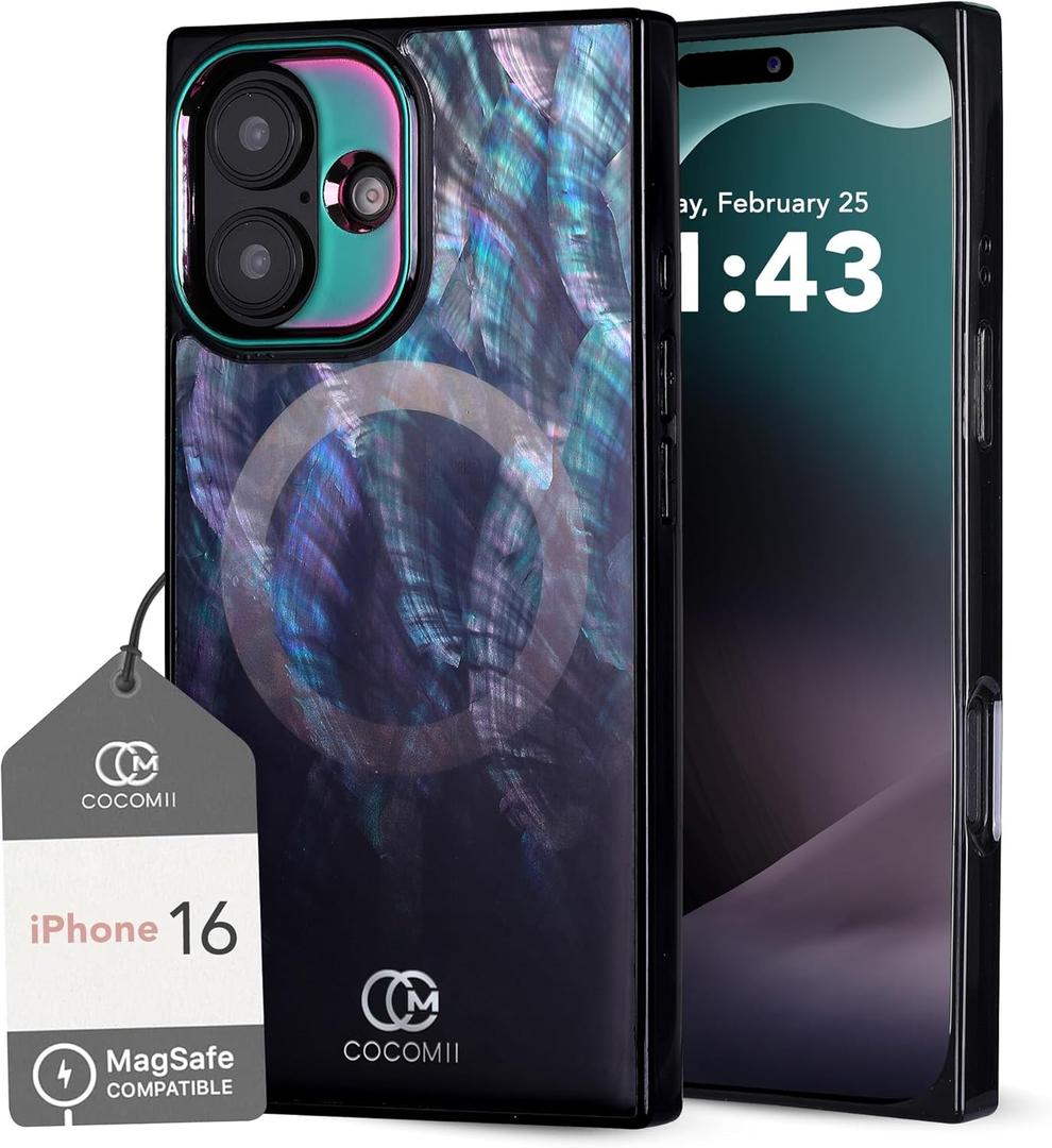 Cocomii - Rectangle Case Compatible with iPhone 16 - Compatible with MagSafe, Real Mother of Pearl, Opalescent Seashell, Glossy, Magnetic Phone Case for iPhone 16 6.1 inch, Black