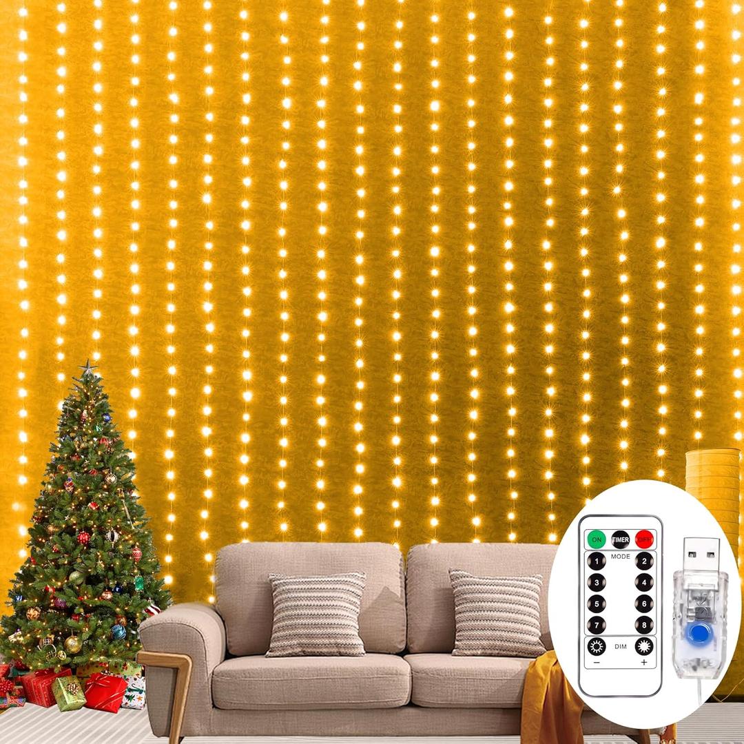 300 LED Fairy Curtain Lights, 9.8x9.8Ft Led String Lights 8 Modes Christmas String Hanging Lights with Remote for Bedroom Wedding Party Decoration (Warm White, 9.8ft x 9.8ft)