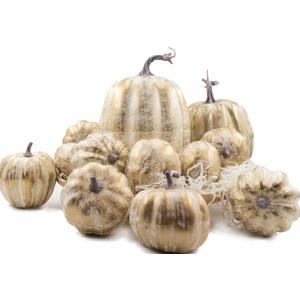 Gold Pumpkins, 12 PCS Thanksgiving Table Decorations for Home, Golden Brushed Rustic Artificial Pumpkin Set Decor for Fall Autumn Harvest Festival, Thanksgiving, Wedding, Outdoor Use