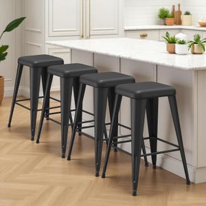 Metal Bar stools Set of 4, Upholstered Counter Height Bar Stools with Metal Legs, 26 Inch Industrial Barstools for Kitchen Island, Cafe (Black)