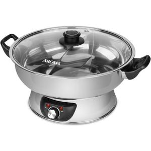 Aroma Housewares ASP-610 Dual-Sided Shabu Hot Pot, 5Qt, Stainless Steel Aroma Housewares 3 Uncooked/6 Cups Cooked Rice Cooker, Steamer, Multicooker, 2-6 cups, Black