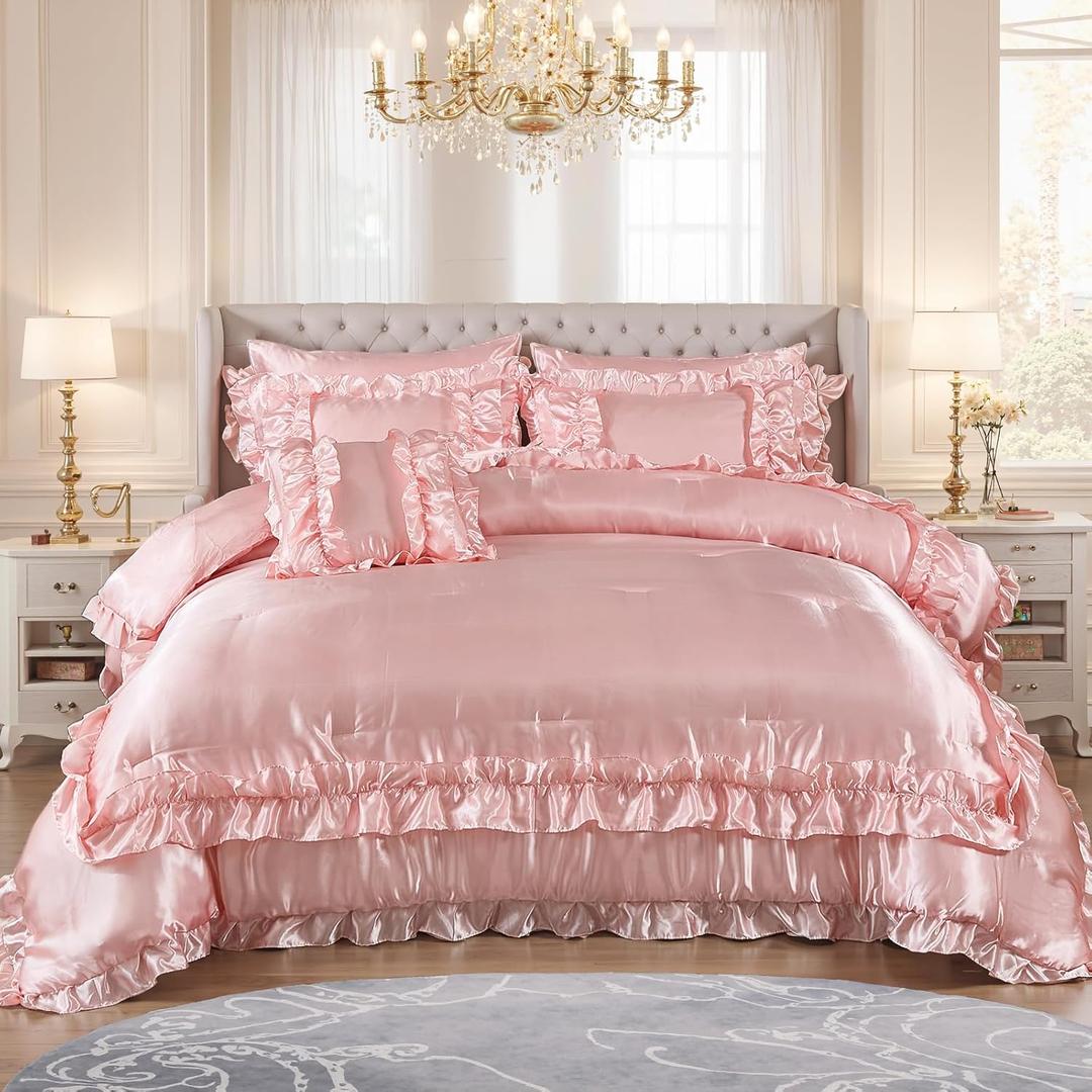 MOVE OVER Satin Comforter King Size 8 Pieces Pink Silky Satin Comforter Set with Sheet Set Luxurious Pink Ruffled Bedding Comforter Set Super Silky Soft Silk Like Satin Bed Set for All Season