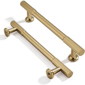 khtumeware 5 Inch Hole Center 2 Pack Brushed Brass Heavy Duty Solid Warm Brass Cabinet Pulls, Kitchen Drawer Handles, for Dresser cabinets, cabinets