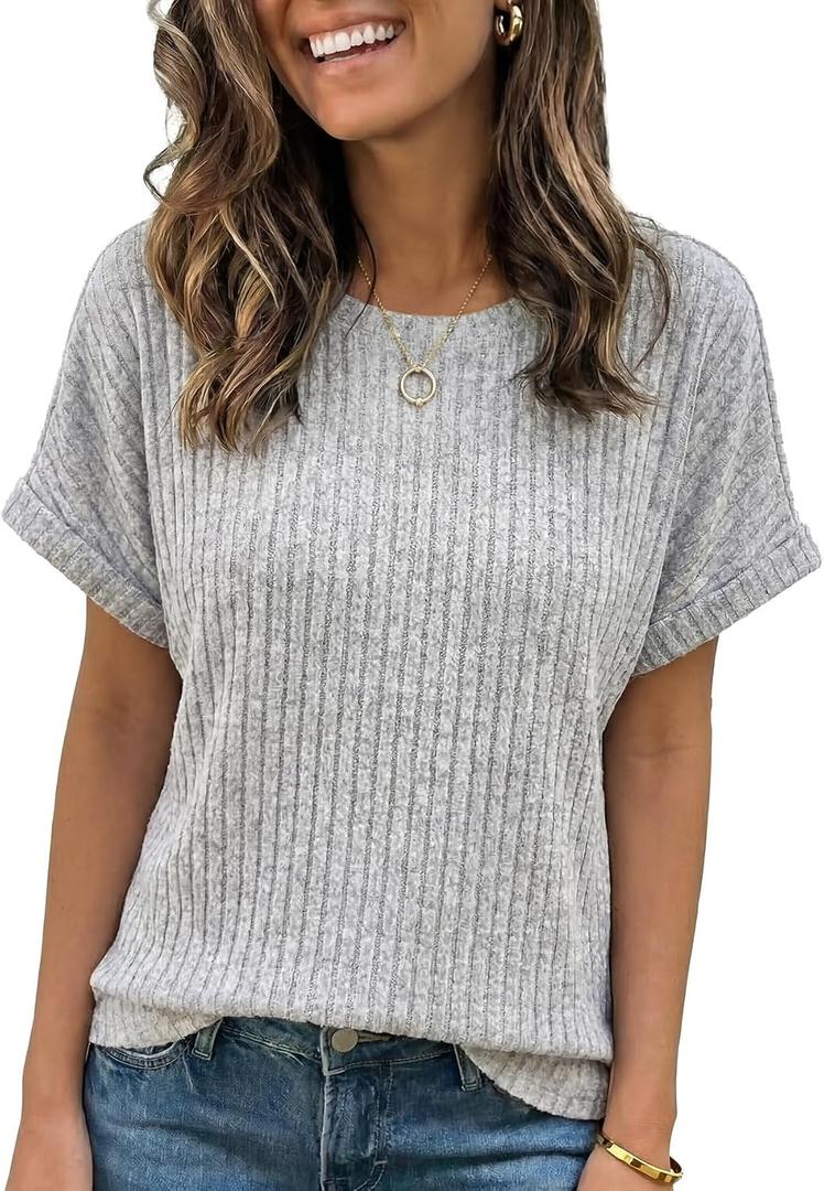 Rooscier Women's Ribbed Round Neck Rolled Short Sleeve Dressy Casual T Shirts Tops, Gray Medium