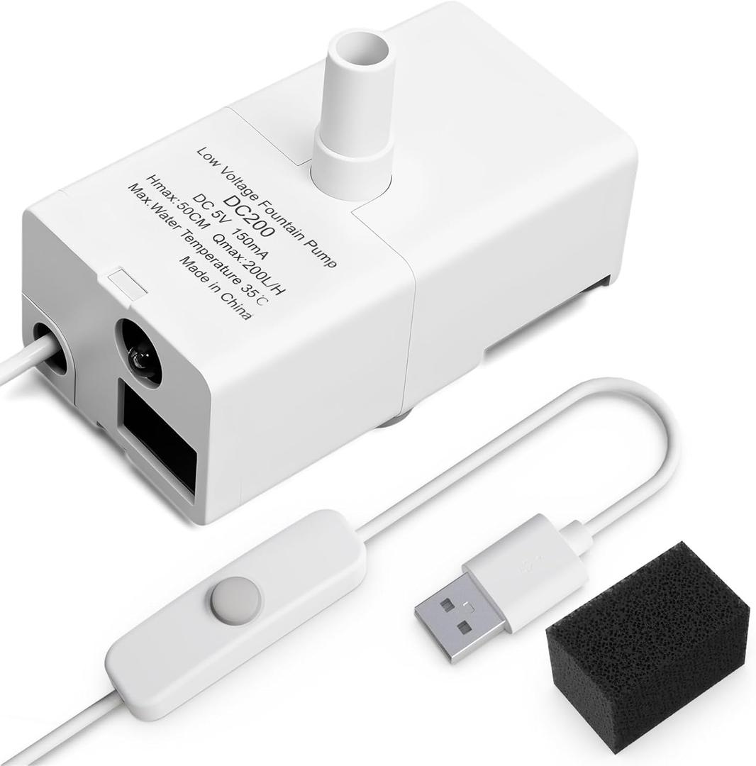 D443 Pet Water Fountain Replacement Pump, Compatible with 50oz & 95oz Cat/Dog Fountains, Ultra Quiet, USB-Powered, Long-Lasting, Easy to Clean (With Black Filter Cotton)