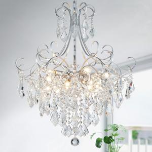 WUZUPS Crystal Chandelier 10-Light Pendant Ceiling Light Modern Lighting Fixture for Dining Room Hallway Bedroom Kitchen Bathroom, H 27.6" x W 22.8", E12 Base, Silver