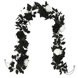 Greentime 2pcs Artificial Black White Flower Head Garland Total 13FT Fake Rose Vine Hanging Rose Garland for Door Stairs Table Centerpiece Arrangement Wall Fireplace Decor