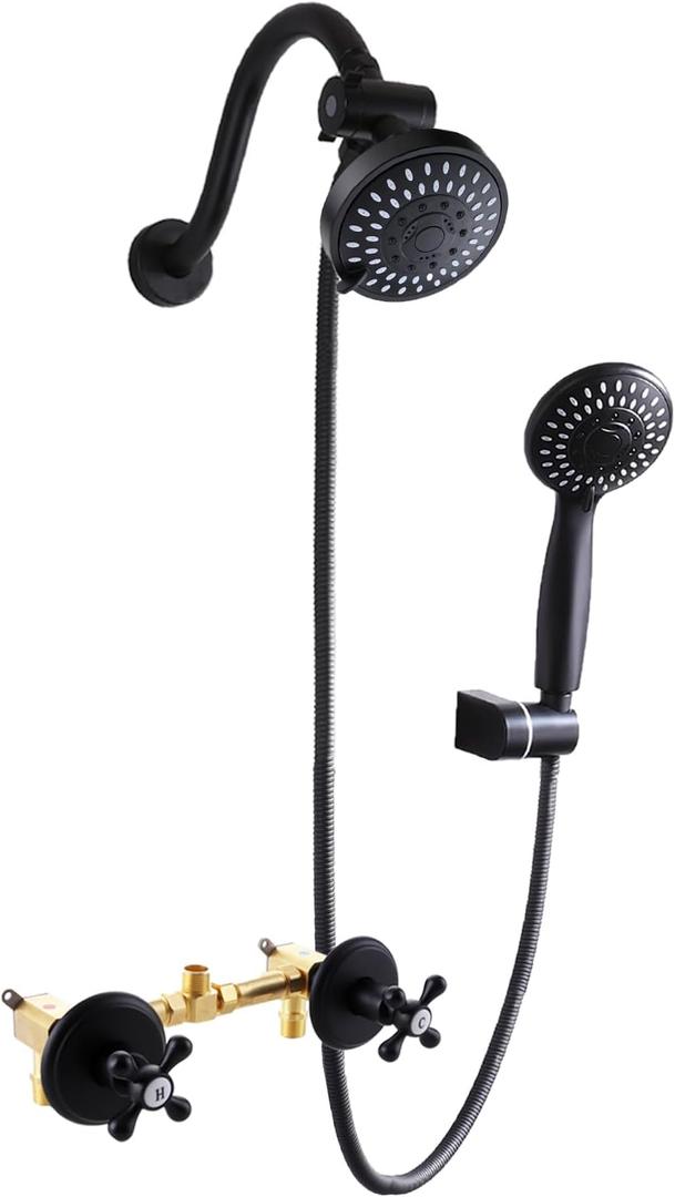2 Handle Shower Faucet Set, Matte Black 5 Mode Shower Faucet Sets Complete Two Handle Shower Head and Handle Set Bathroom Shower Trim Kit with Rough-in Valve
