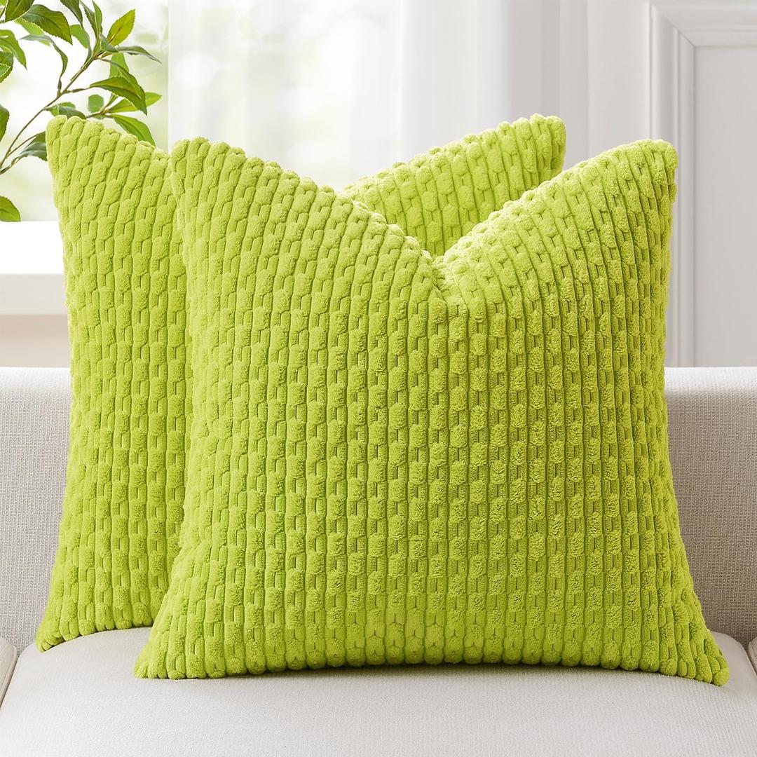 Kevin Textile Decorative Pillow Covers Set of 2 Striped Plush Corduroy Pillows Pillowcases Boho Home Decor Cushion Covers for Couch Sofa Bed Living Room 26x26 Inch, Spring Green