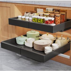 2 Pack Pull Out Cabinet Organizers 16.5" Deep With Raising Pad for Framed Cabinets,Expandable Slide Out Drawers Upgrade 3 Slide Rails,Roll Out Shelves,Adjustable Width 12.1"-20.45" Black