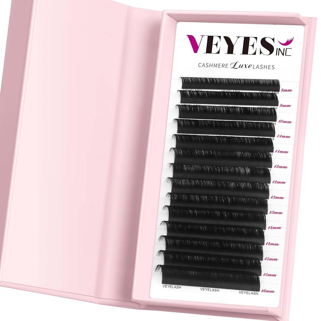 VEYES INC Cashmere Luxe Lashes - Tapered Tips Volume Lash Extension Trays B/C/CC/D/M/J Curl, Matte Black Professional Eyelash Supplies for Lash Techs (0.03 C 10mm)