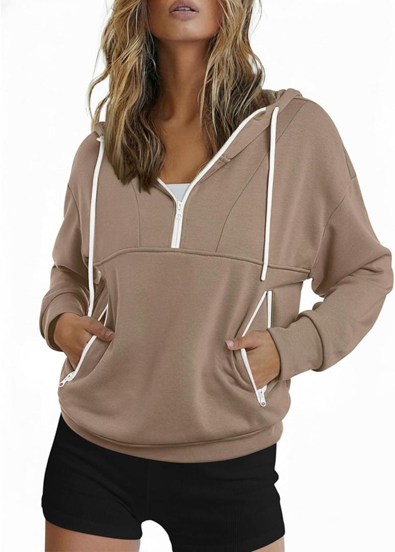 ZAFUL Womens Hoodies Half Zip Up 2025 Fall Fashion Hooded Sweatshirts with Zipper Pockets Contrast Pullover Workout Clothes (Pink, M)