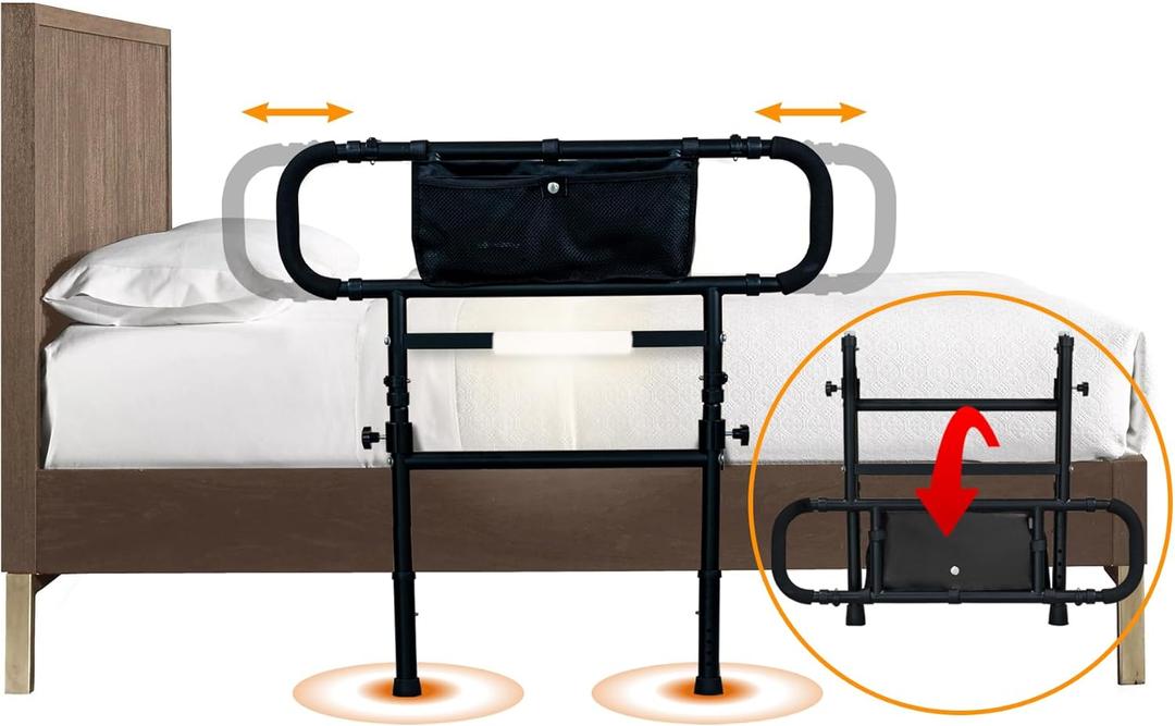 Adjustable Bed Rails for Elderly Adults Safety with Motion Light,Foldable Heavy Duty Bed Rail with Extended Grab Bar,Pouch Bag & Support Legs, Fits King,Queen,Full,Twin Bed, Support 350lbs, Black