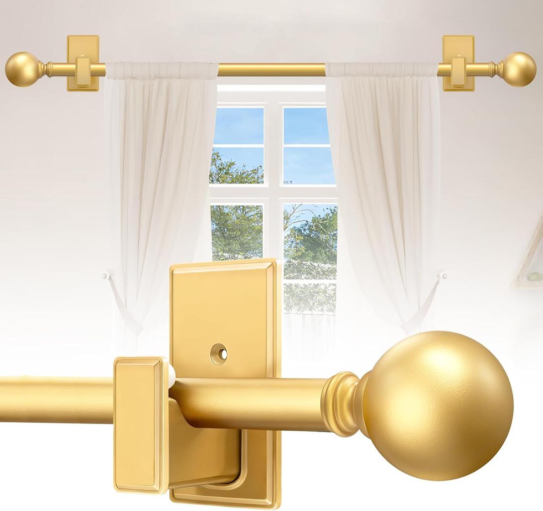 TKZTKZ Curtain Rods No Drilling, 32-45 Inch Adjustable No Drill Curtain Rod with Adhesive Brackets, 5/8" Renter Friendly Stick On Rod for Apartments, Bedroom, RV, Heavy Duty 20-30 lbs, Brass Gold