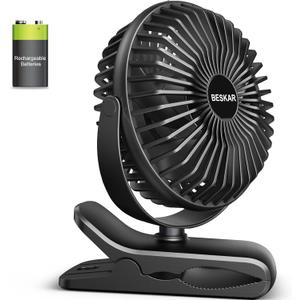 BESKAR Portable Clip on Fan Rechargeable, 4 Speeds Small Battery Operated Fan, USB Desk Fan with Strong Airflow, Sturdy Clamp for Golf Cart Office Outdoor Travel Camping (Full Black)