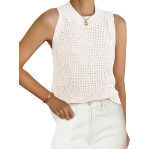 PRETTYGARDEN Summer Crochet Tank Tops for Women 2025 Casual Crewneck Hollow Out Loose Knit Sleeveless Sweater Vest Top Trendy (Medium, White)