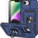 for iPhone 16E Case, with Camera Lens Cover HD Screen Protector, Dual Layer Military-Grade Drop Tested Magnetic Ring Holder Kickstand Protective Phone Case for Apple iPhone 16E / SE4 2025 (Navy Blue)