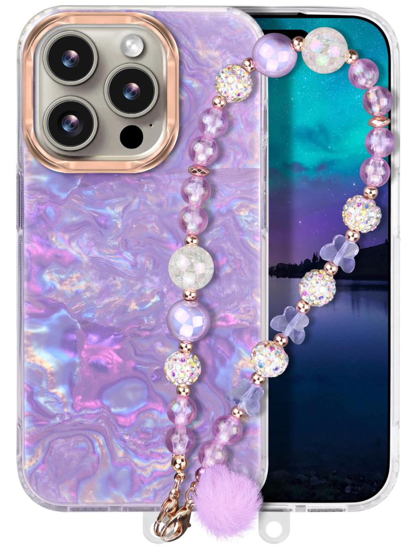 Compatible with iPhone 15 Pro Case for Women Girls, Slim Fit Stylish Cute Phone Case for iPhone 15 Pro with Flower Phone Charm Lanyard Wrist Strap, Hard Protective Case 6.1 Inch Purple Marble