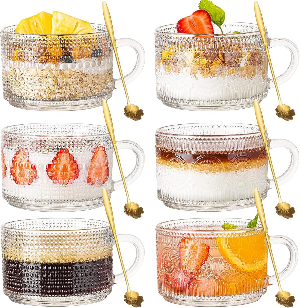 Vintage Glass Coffee Mugs Set of 6, 14 oz Tea Cups With Handle, Clear Embossed Glassware, 6 Spoons for Cappuccino, Latte, Cereal, Yogurt, Milk