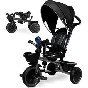 KRIDDO 7-in-1 Tricycle Stroller for Toddlers 18 Months to 5 Years, Adjustable Push Handle, Rotatable Seat, Cup Holder and Retractable Canopy, Folding Baby Trike w/Detachable Guardrail, Footrest, GY (Grey)