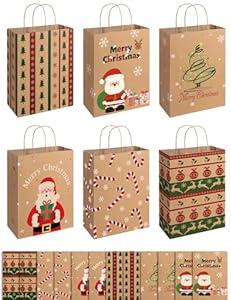 SUNEE Christmas Gift Bags, 12 Pack Christmas Bags for Gifts with Handles, 6 Assorted Kraft Paper Gift Bags Bulk with Xmas Tree, Santa Claus, Candy Designs, 7.28 * 3.15 * 8.7 Goodie Bags for Kids