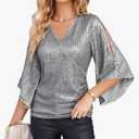 GRACE KARIN Womens Sparkly Sequin Tops,3/4 Sleeve Glitter Party Dressy Blouse,V-Neck Disco Evening Club Concert Shirt, Size L